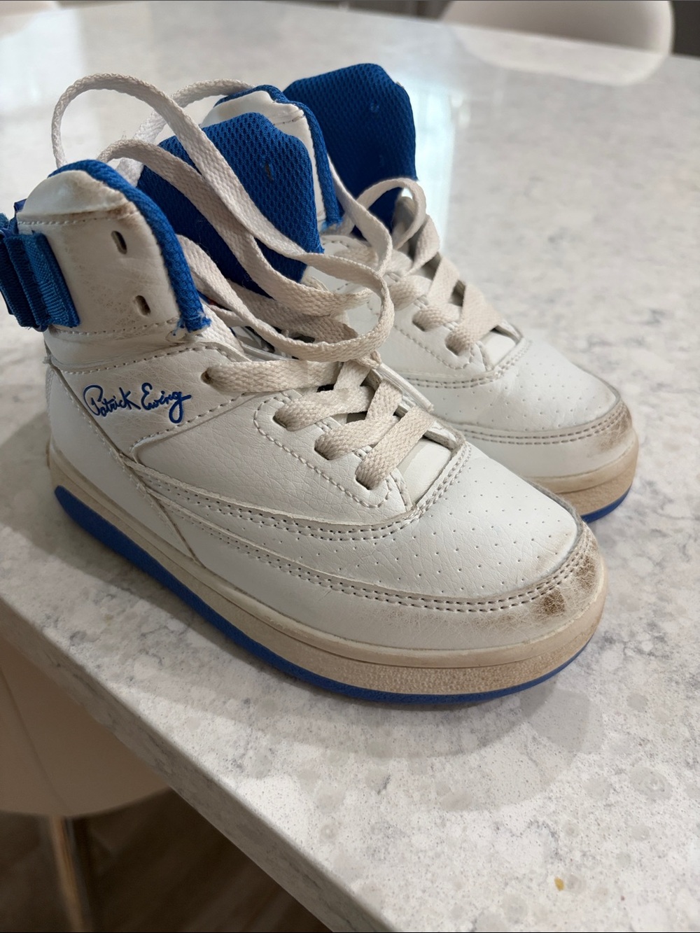 Kids White and Blue High-Top Sneakers by Patrick Ewing size US 11